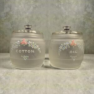 Vintage Kruger Frosted Glass Vanity Jars Hand Painted Flowers Cotton & Oil